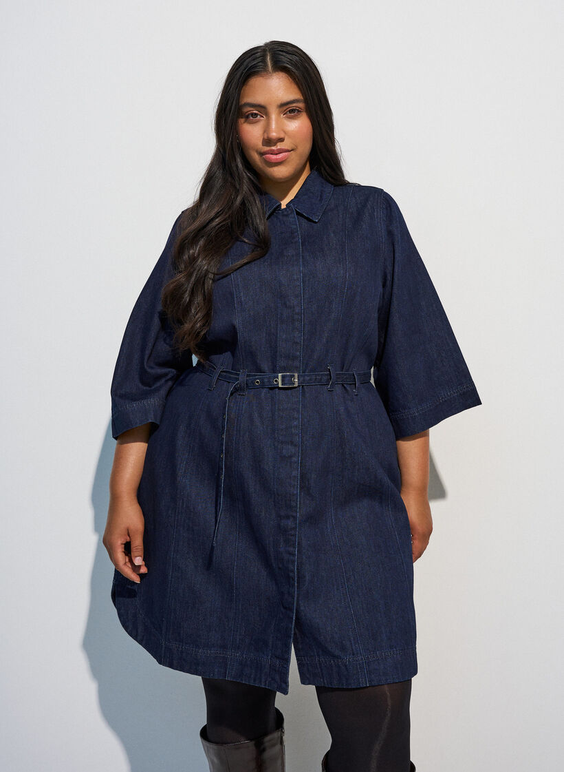 Denimkjole med belte og 3/4-ermer, Bl&aring;, Model image number 0