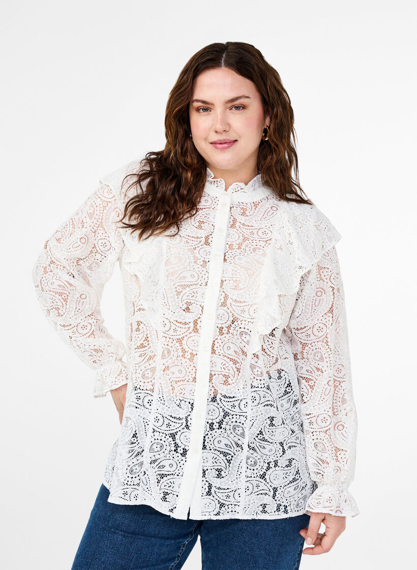 Skjortebluse med blonder og volangedetaljer, Snow White, Model image number 0