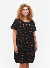Kortermet bomullskjole med mønster, Black/Brown Dot, Model