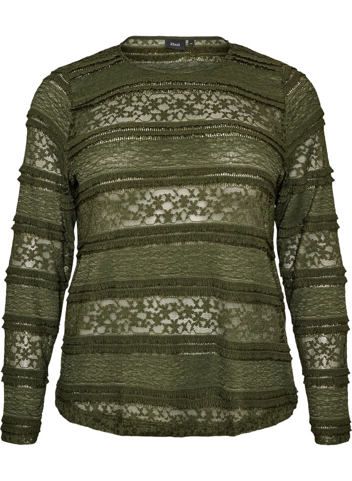 Bluse med blonder og lange ermer, Gr&oslash;nn, Packshot image number 0