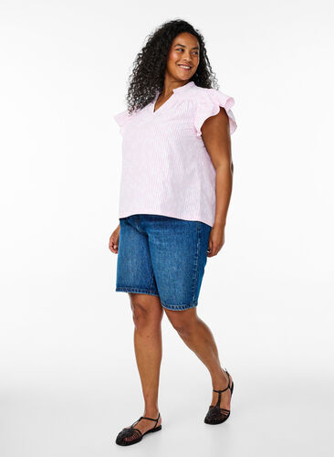 Zizzi Ermeløs bluse med striper og blomstertrykk, Rosa, Model image number 1