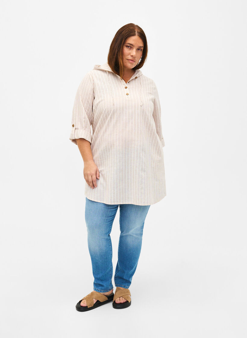 Tunika med hette i bomull og lin, Wh. Sandshell Stripe, Model image number 3
