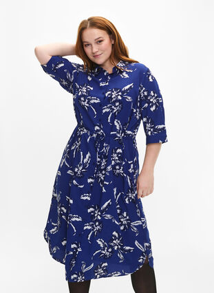 Zizzi FLASH - Skjortekjole med blomstertrykk, Navy Blazer Flower, Model image number 0
