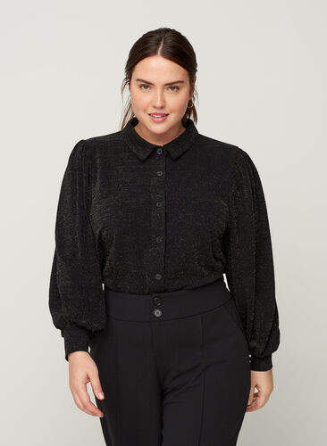 Skjorte med glimmer og puffermer, Black, Model image number 0