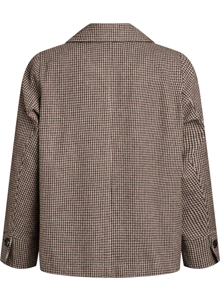 Kort blazer med dobbeltradede knapper, Brown Check , Packshot