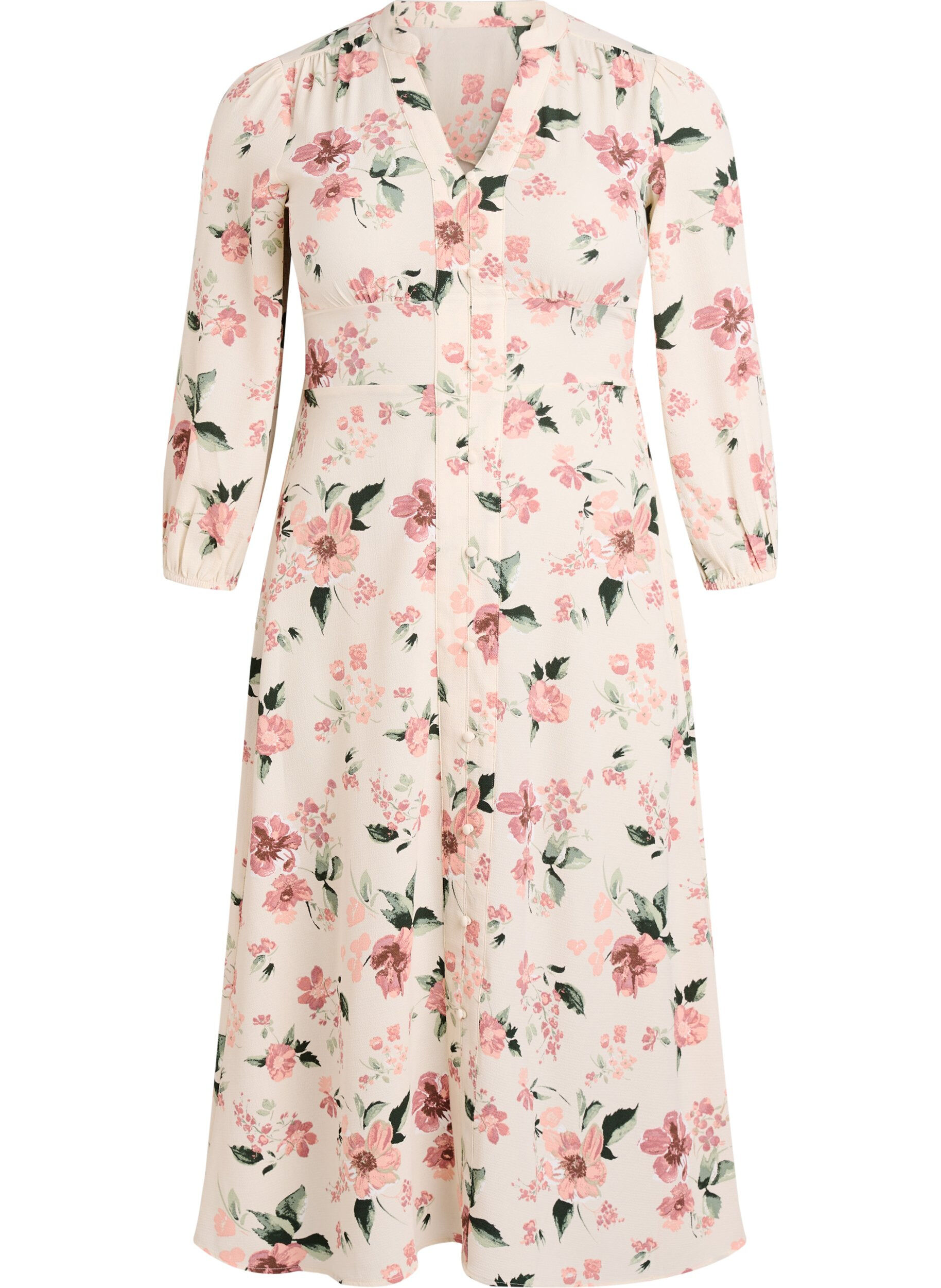 ZizziMidikjole med smock og dekorative knapper, Beige, Packshot image number 0