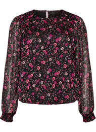 Blomstret chiffongbluse med gjennomsiktige ermer, Svart