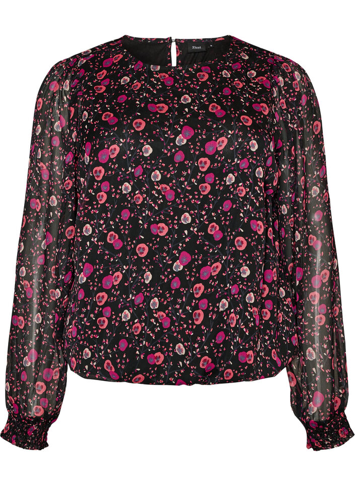 Blomstret chiffongbluse med gjennomsiktige ermer, Svart, Packshot image number 0