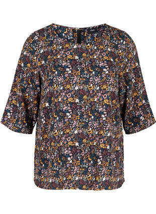 Mønstrete bluse med blonderygg og 3/4-ermer, Black/Multi Flower, Packshot image number 0