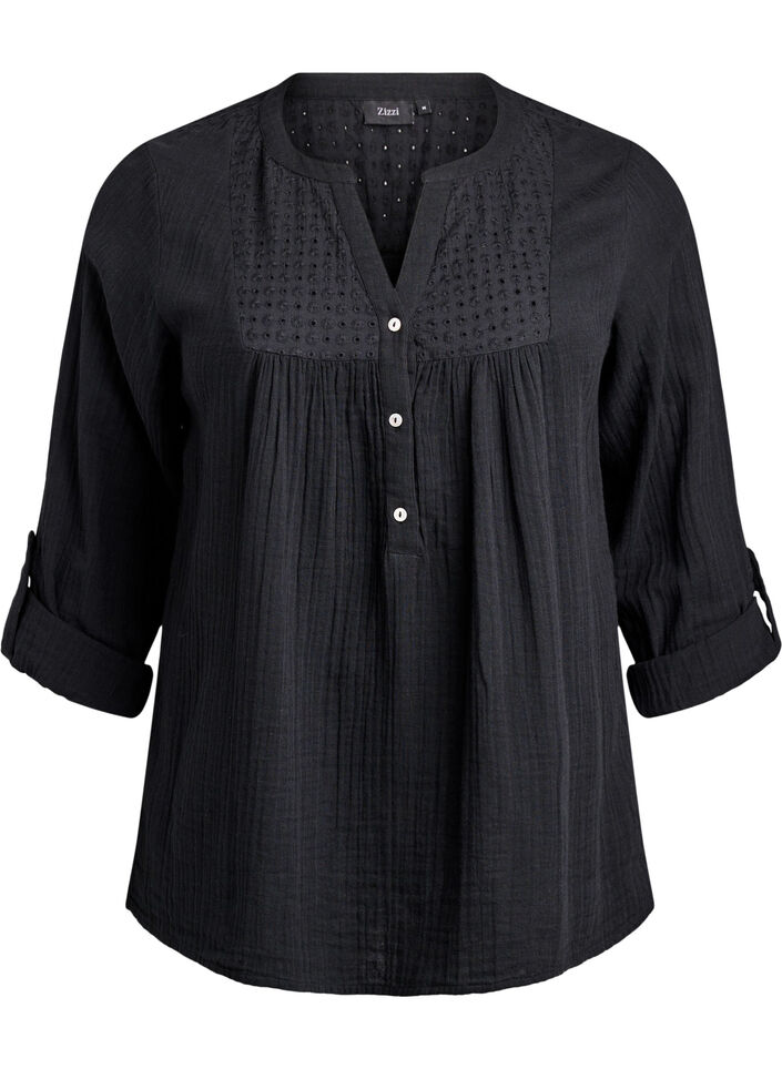 Bluse i bomullsmuslin med broderie anglaise, Svart, Packshot image number 0