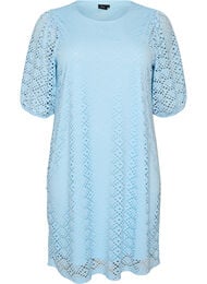 Knee-length dress with eyelet pattern and short sleeves, Light Blue