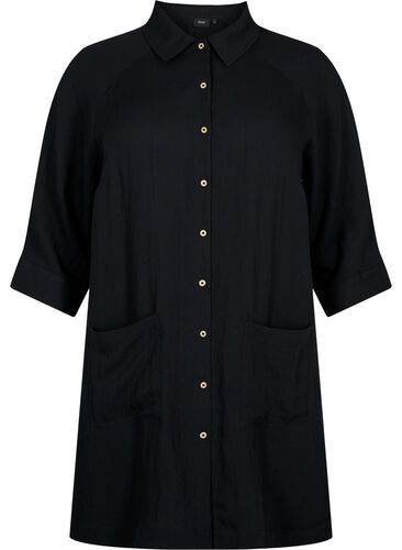 Lang viskoseskjorte med lommer og 3/4-ermer, Black, Packshot image number 0