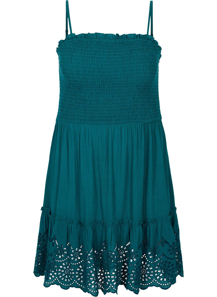 Strandkjole i viskose med smock og broderi anglaise, Deep Teal, Packshot image number 0