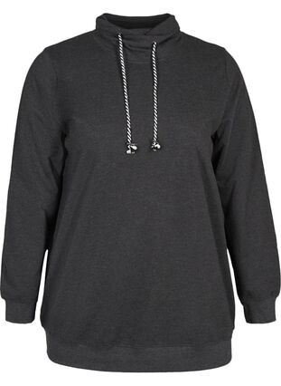 Sweatshirt med snøre ved halsen, Black Mel., Packshot image number 0