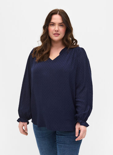 Langermet bluse med smock- og volangdetaljer, Navy Blazer, Model image number 0