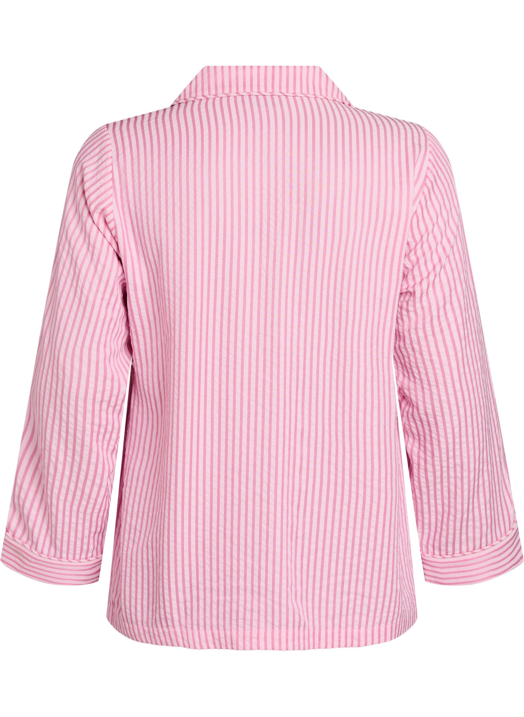Zizzi Seersucker pyjamas-skjorte med lange ermer, Rosa, Packshot image number 1