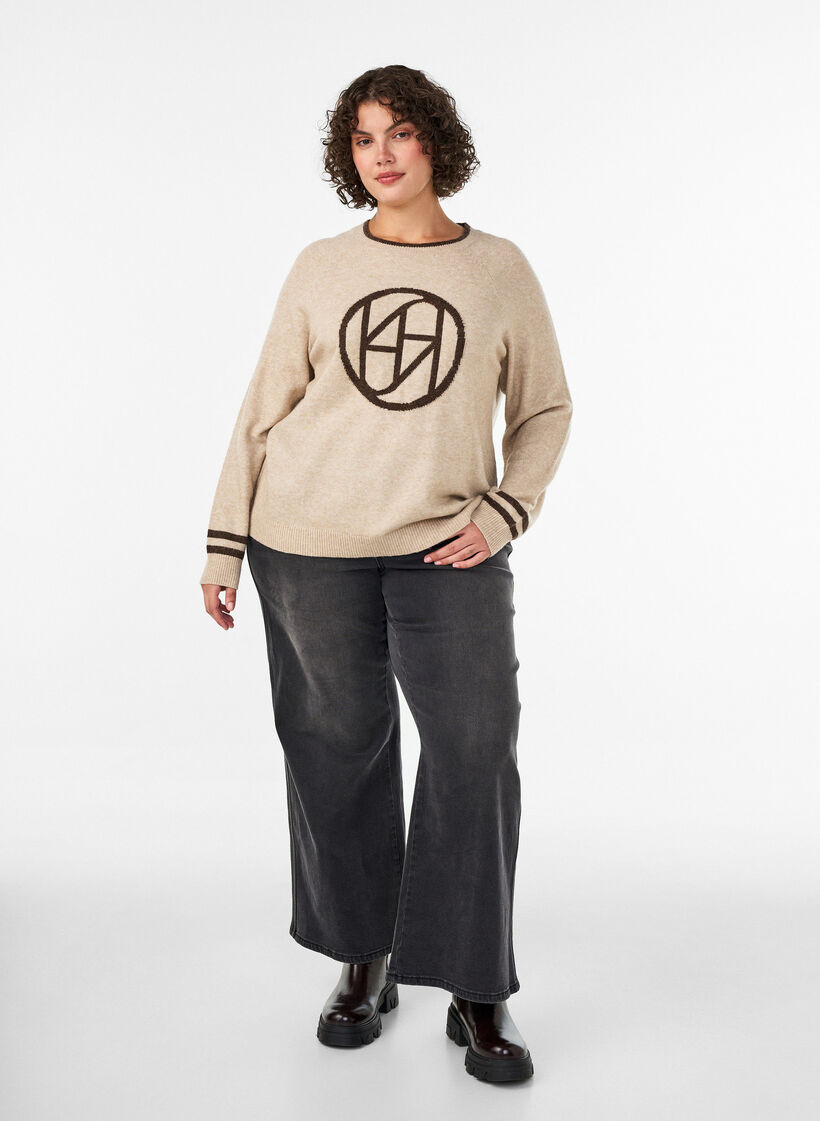 Genser med logo og kontraststriper, Beige, Model image number 1