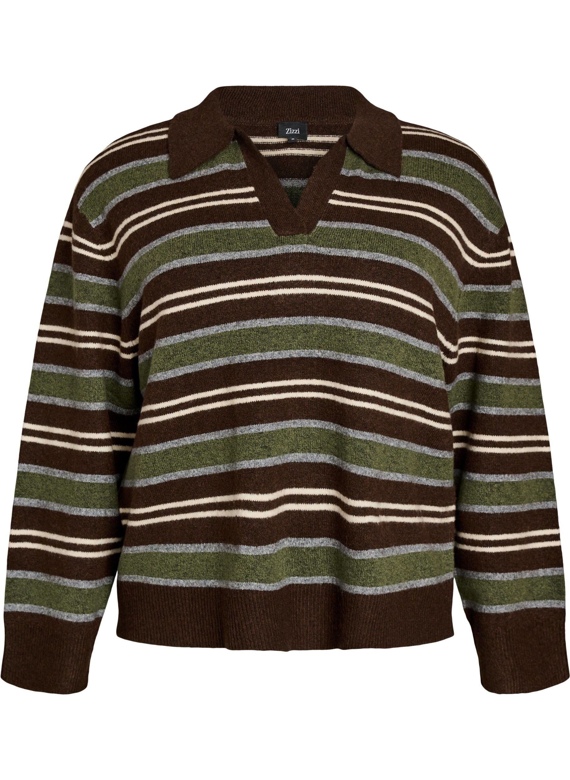 ZizziStrikkebluse med striper og poloskjorte krage, Brun, Packshot image number 0