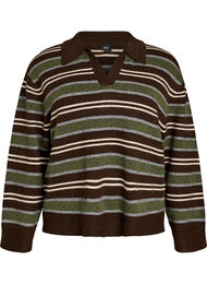 Strikkebluse med striper og poloskjorte krage, Brun