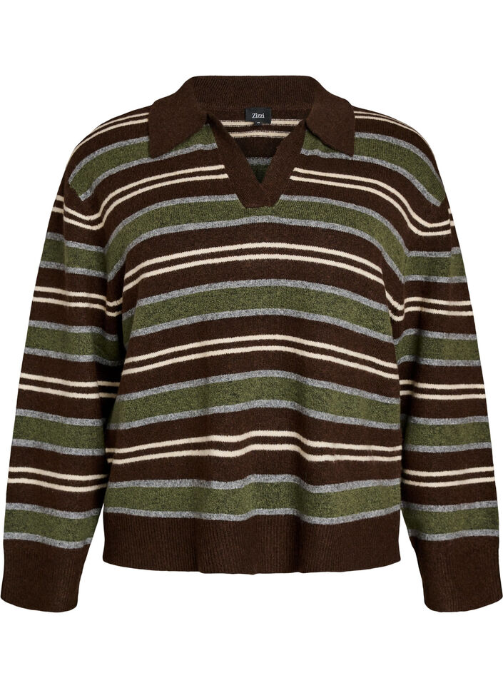 Strikkebluse med striper og poloskjorte krage, Brun, Packshot image number 0