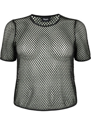 Bluse i netting med korte ermer, Black, Packshot image number 0