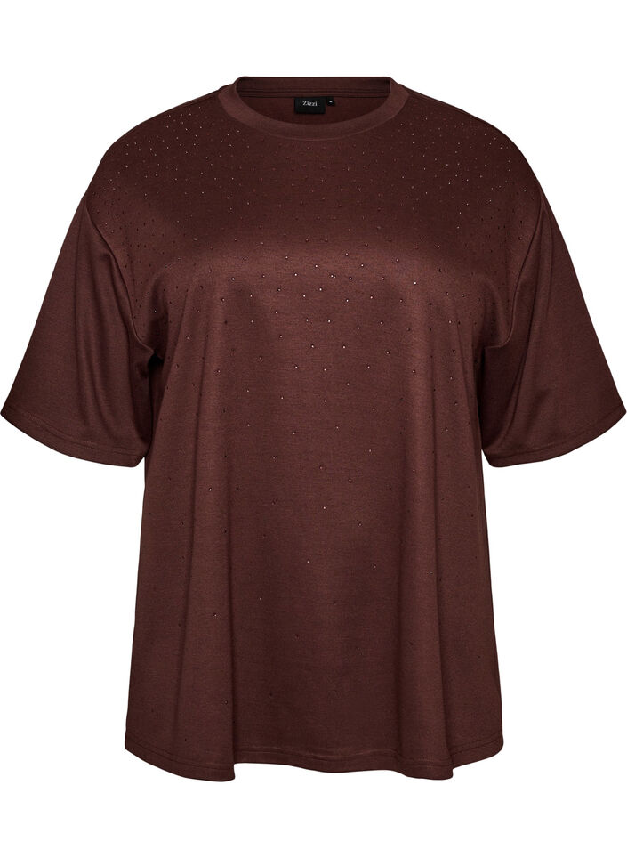T-skjorte med rhinesteiner og rundt hals, Brun, Packshot image number 0