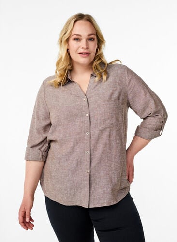Zizzi Skjorte i lin og viskose med 3/4 ermer, Brun, Model image number 0