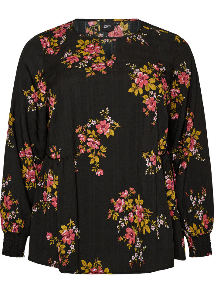 Langermet bluse med blomstertrykk, Svart, Packshot image number 0