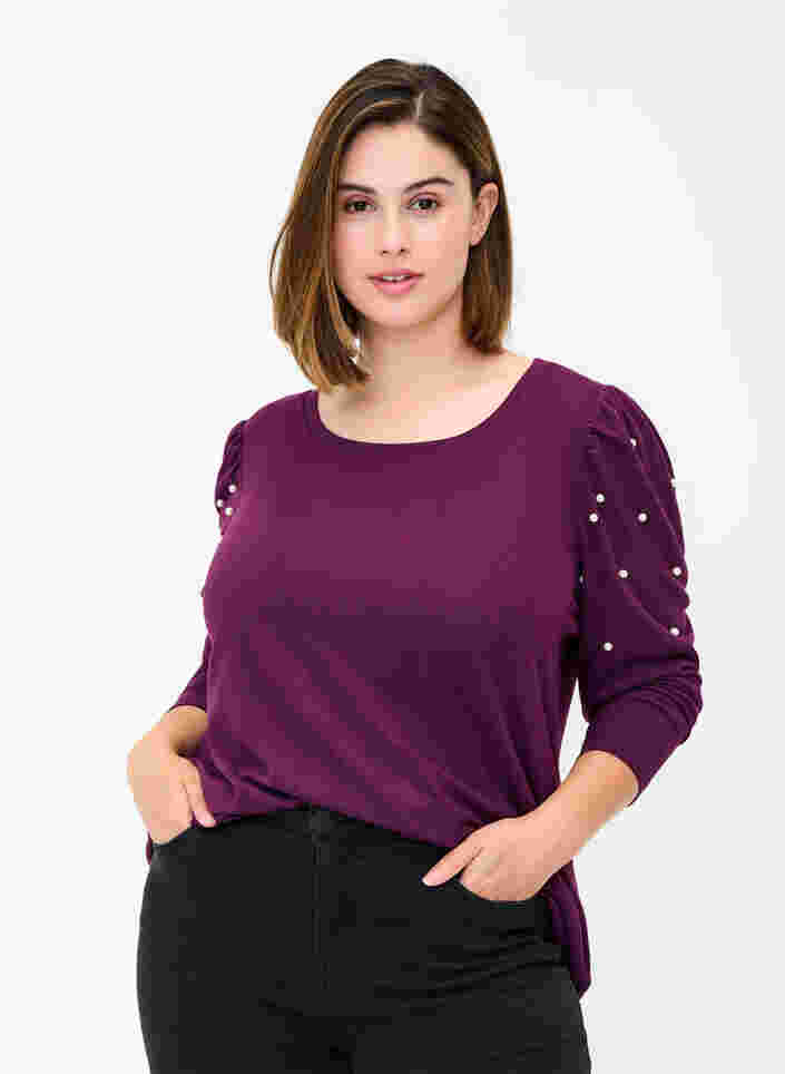 Bluse med lange ermer og dekorative perler, Purple Melange, Model image number 0