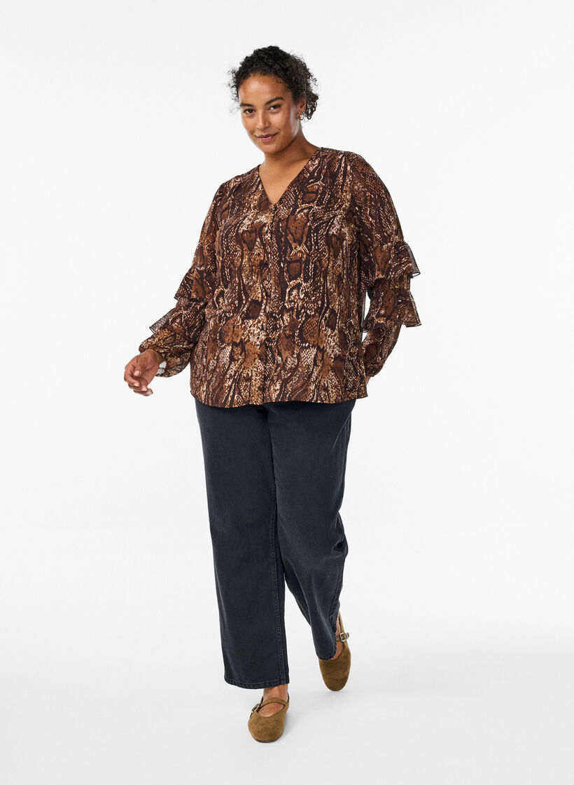 Bluse med dyretrykk og volanger, Brown Snake AOP, Model