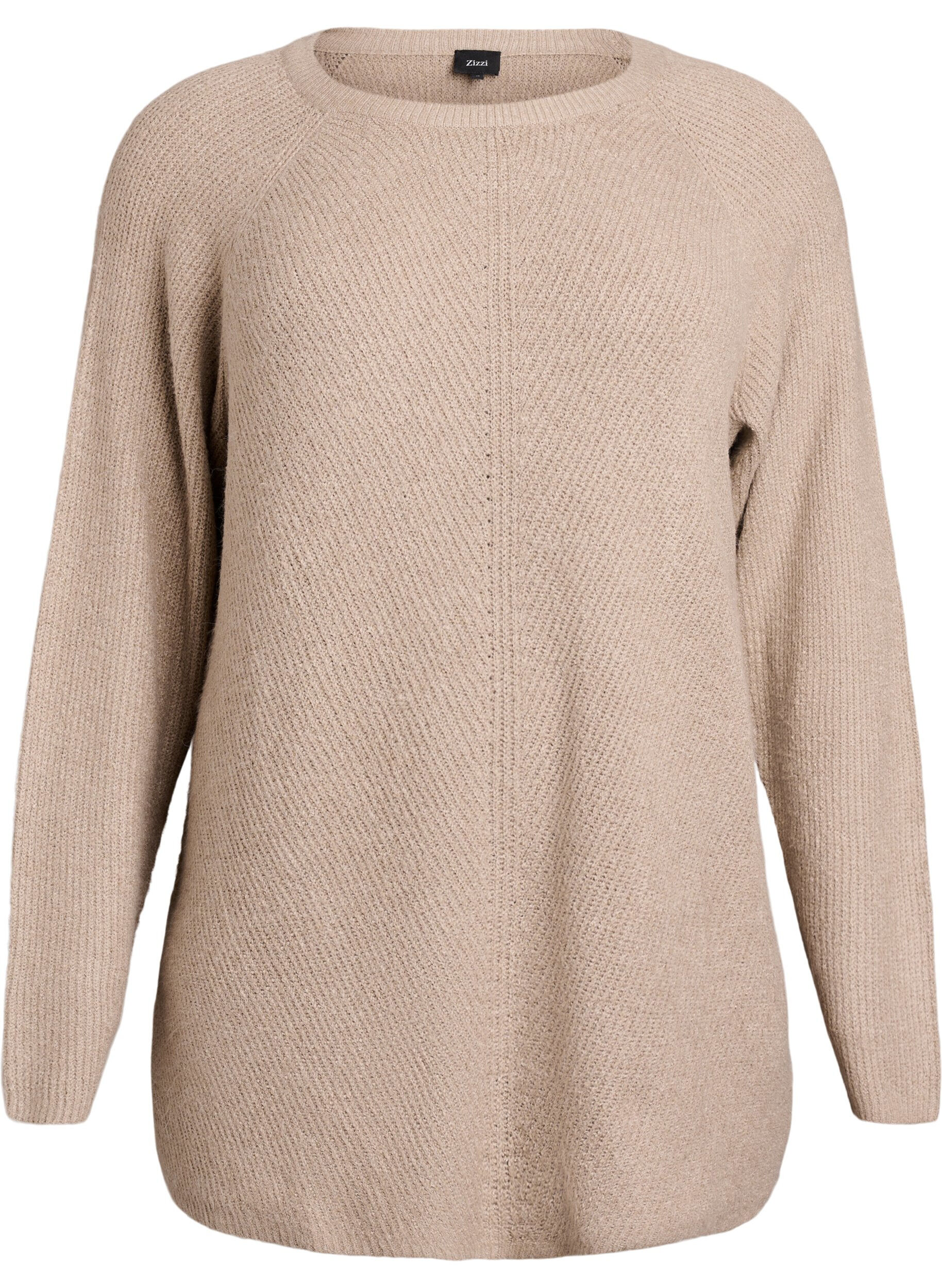 ZizziStrikkegenser med diagonalt m&oslash;nster og raglanermer, Beige, Packshot image number 0