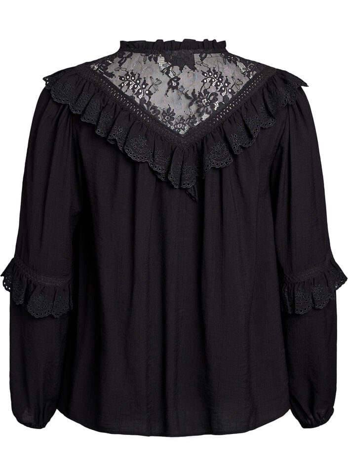 Viskose bluse med blonder og volanger, Black, Packshot