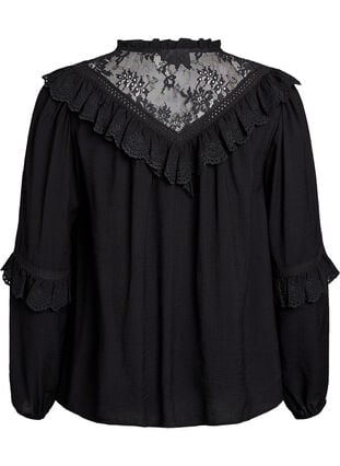 Zizzi Viskose bluse med blonder og volanger, Black, Packshot image number 1