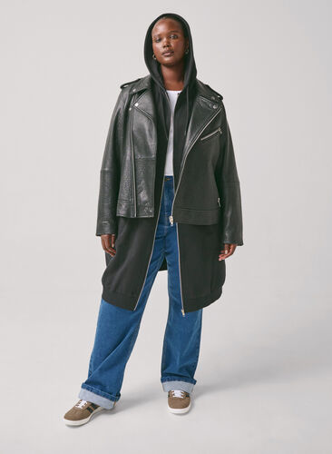 Zizzi Lang treningscardigan i bomull med hette, Svart, Image image number 0