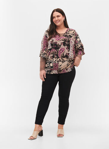 Bluse i viskose med paisleymønster og smock, Black Patchwork AOP, Model image number 2