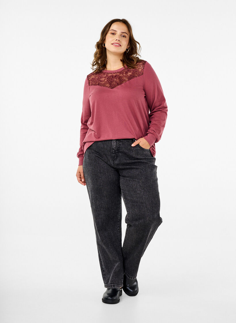 Genser med blondedetaljer, Rose Brown, Model image number 2