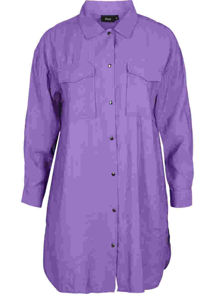 Lang viskoseskjorte med knapper, Royal Lilac, Packshot image number 0