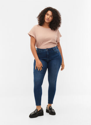 Cropped Amy jeans med glidelås, Dark blue denim, Model image number 0