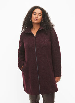 Zizzi Melert bouclékåpe med glidelås, Tawny Port Mel., Model image number 0