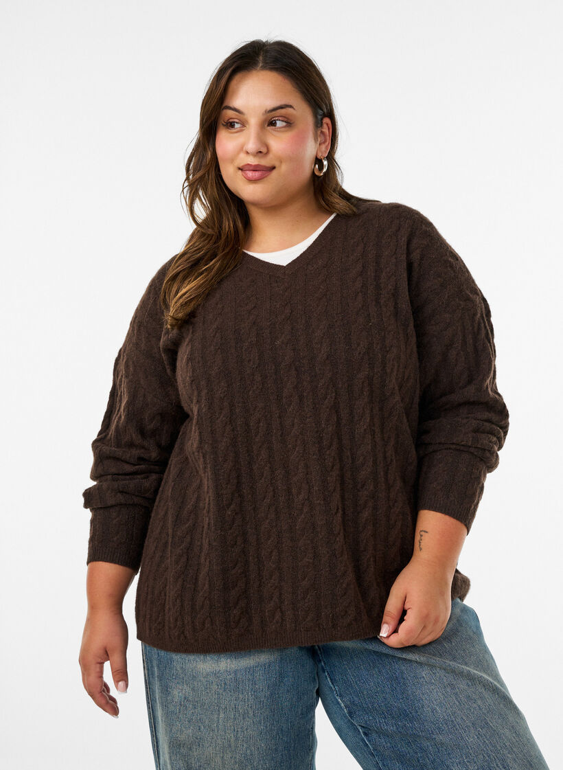 Strikket bluse med flettestrikk og V-hals, Brun, Model image number 0
