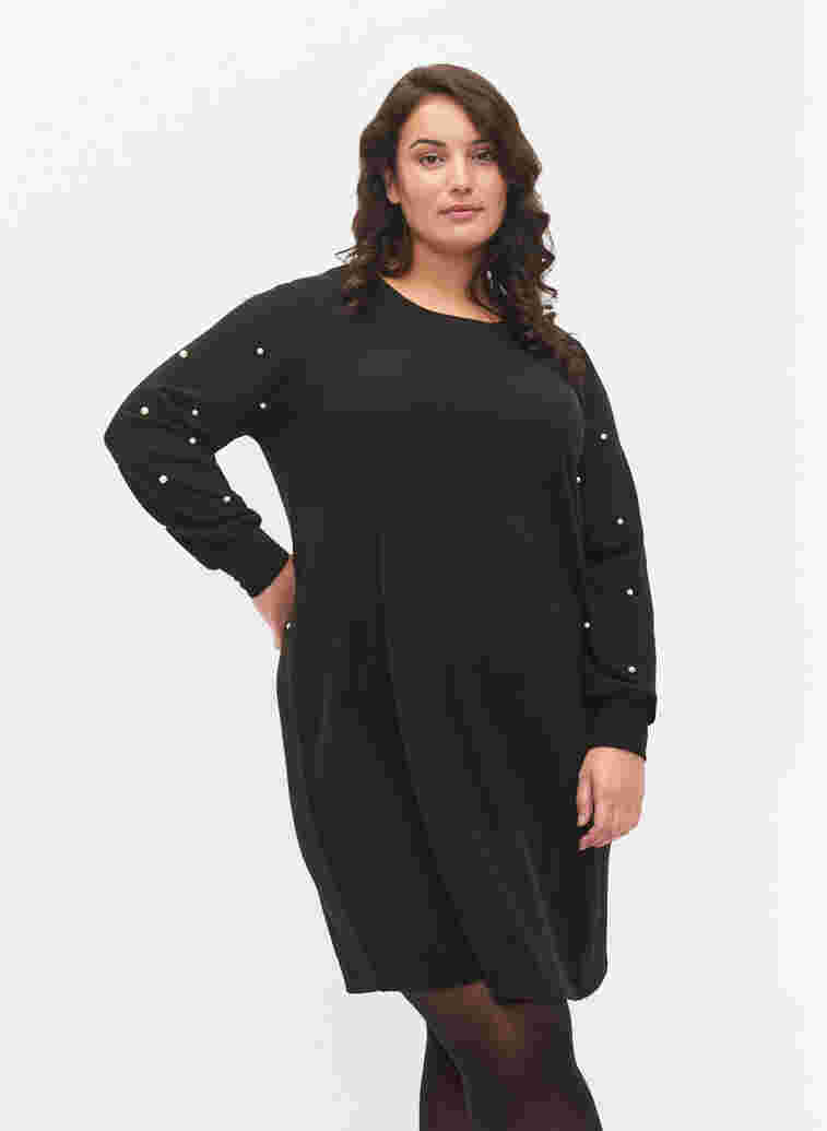 Langermet kjole med perledetaljer, Black, Model image number 0