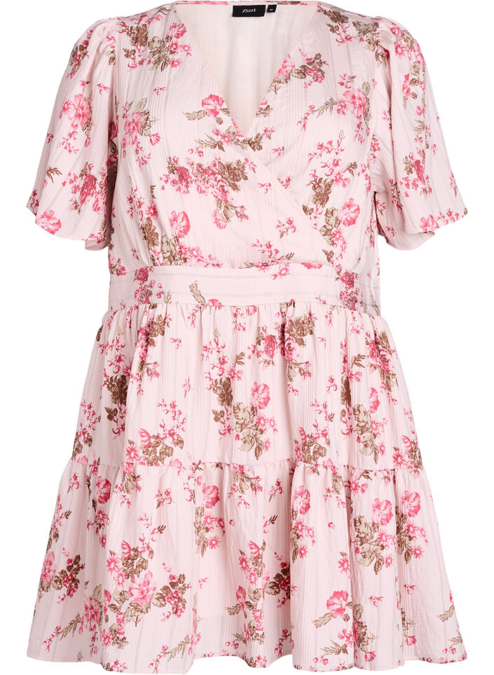 Kort kjole med blomstertrykk og V-hals, Rosa, Packshot image number 0