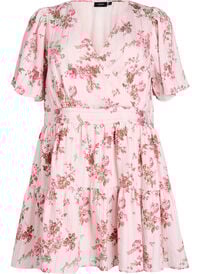 Kort kjole med blomstertrykk og V-hals, Rosa Kort kjole med blomstertrykk og V-hals