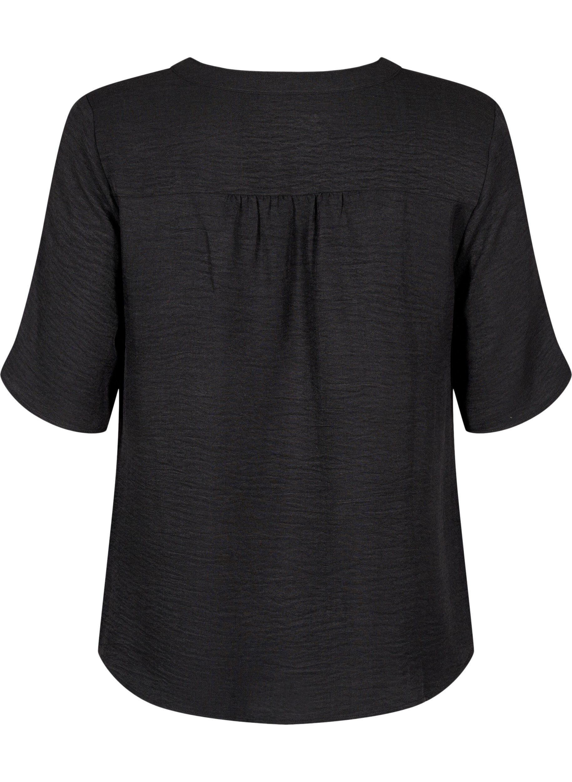 ZizziSkjortebluse med V-hals eog korte ermer, Svart, Packshot image number 1