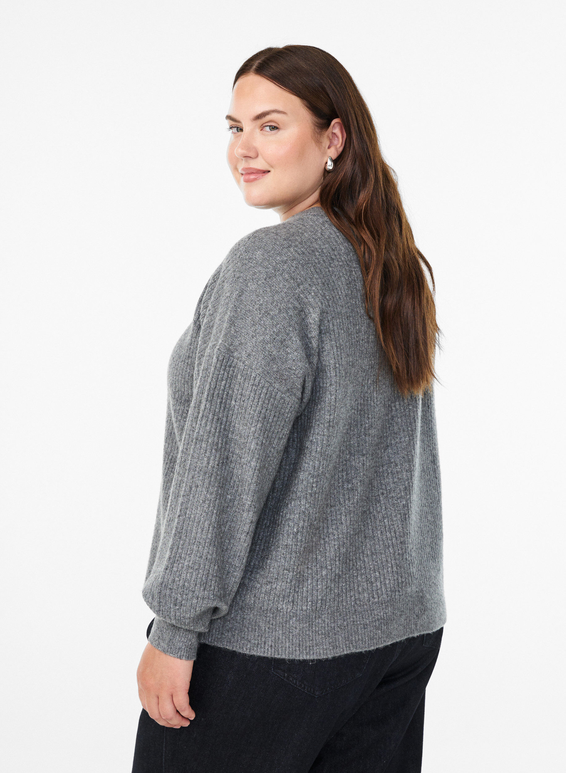 ZizziRibbestrikket cardigan med knapper, Gr&aring;, Model image number 2