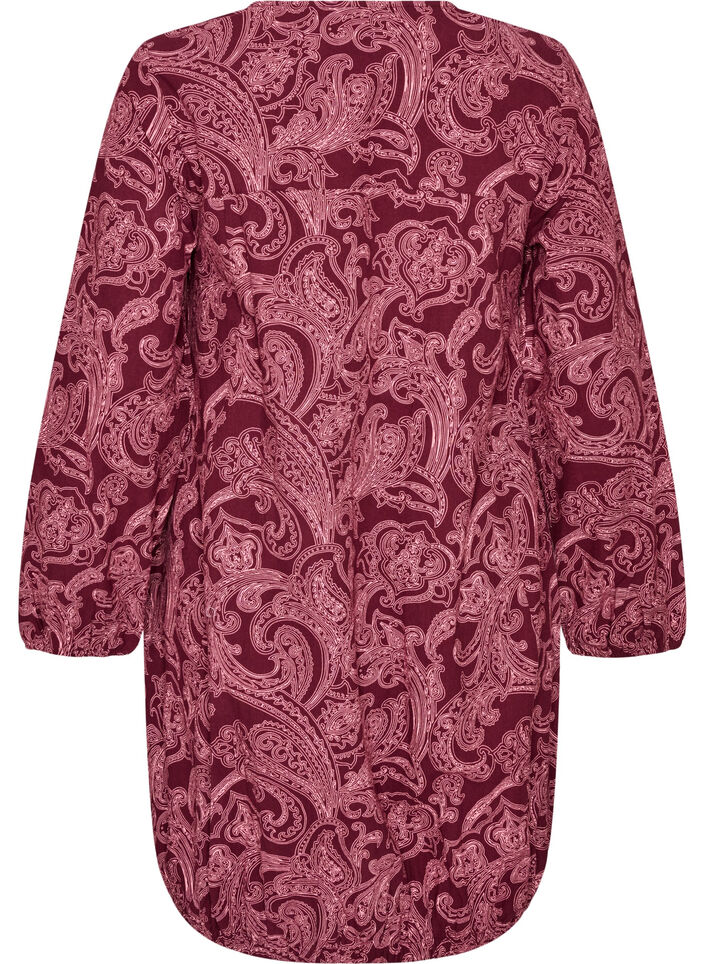 Kort bomullskjole med elastisk fold og lange ermer, M&oslash;rk Bordeaux, Packshot image number 1