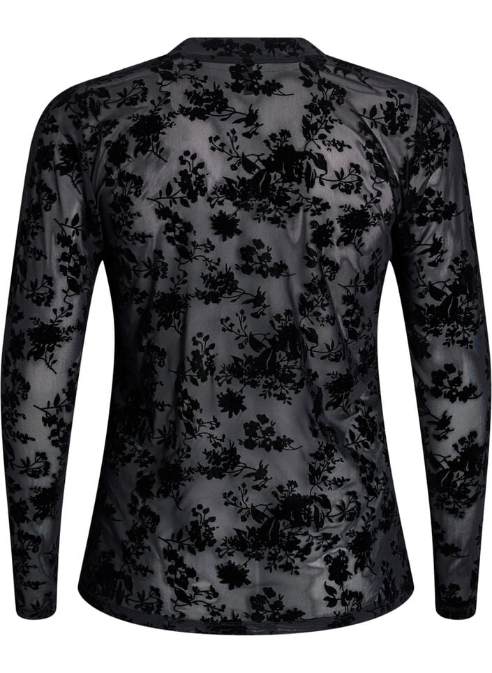 Bluse i mesh med blomstertrykk, Svart, Packshot
