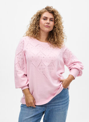 Zizzi Strikket topp med hullmønster og ballongermer, Rosa, Model image number 0