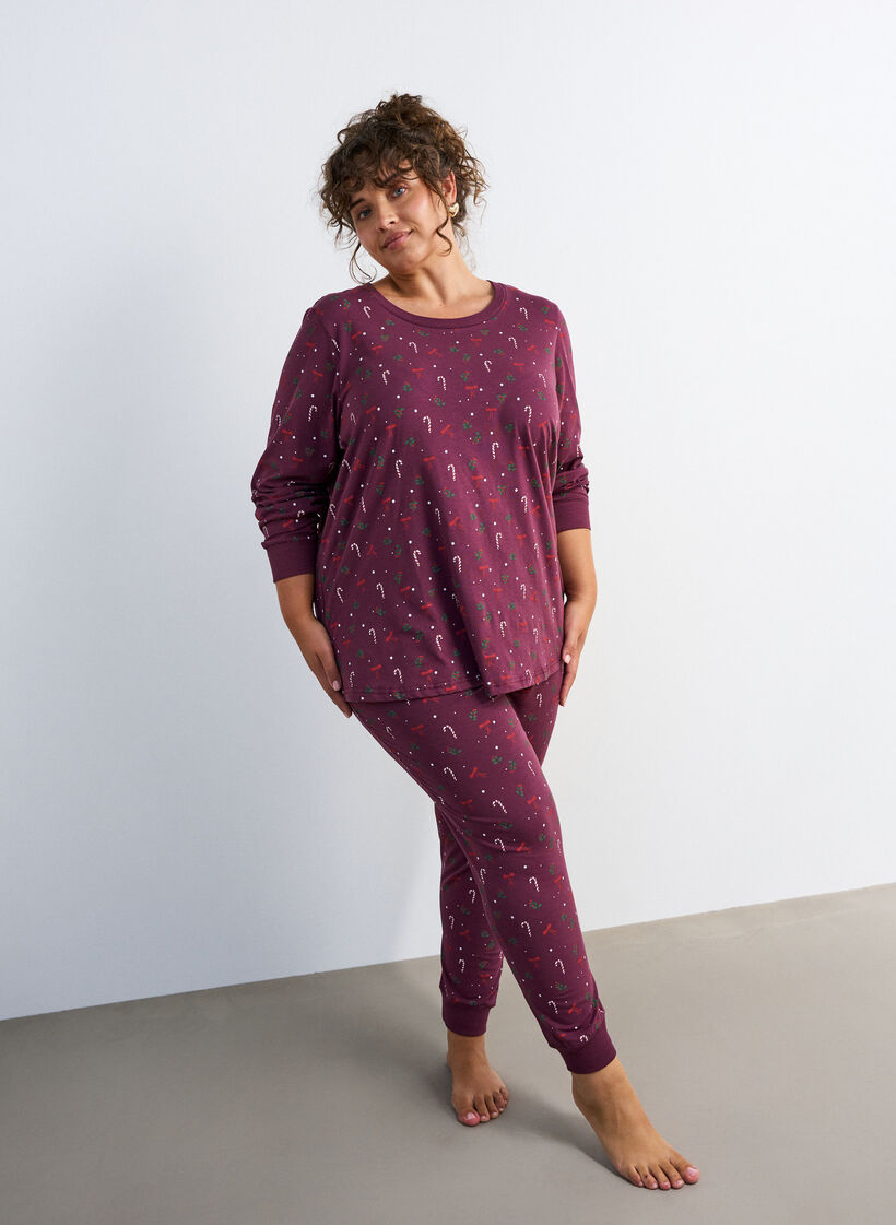 Pyjamasbukser med trykk, M&oslash;rk Bordeaux, Model image number 0