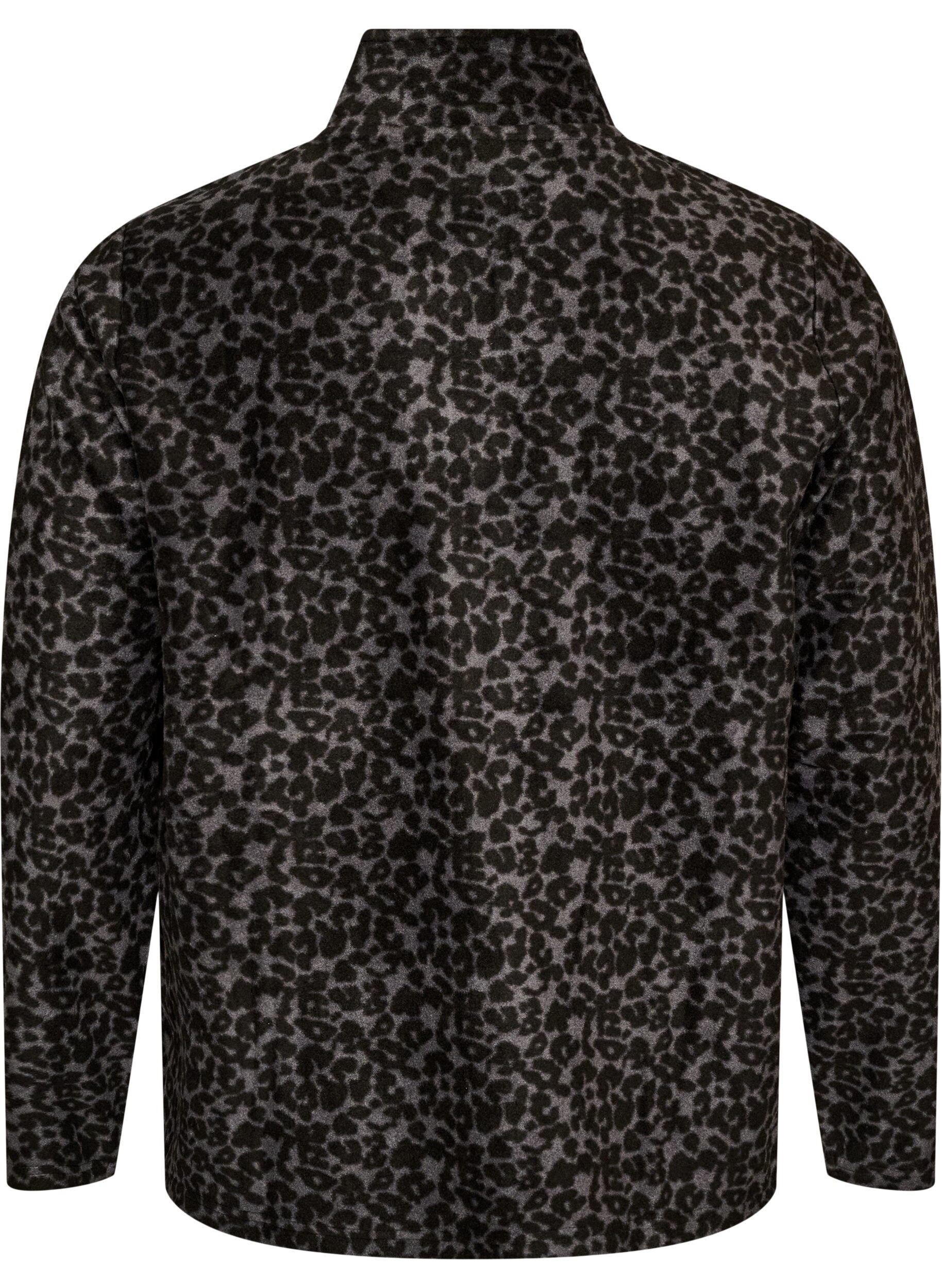 ZizziFleecejakke med leopardm&oslash;nster og h&oslash;y krage, Svart, Packshot image number 1